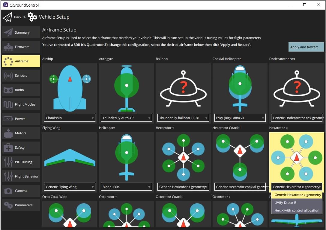 Selecting generic hexarotor X frame in QGroundControl