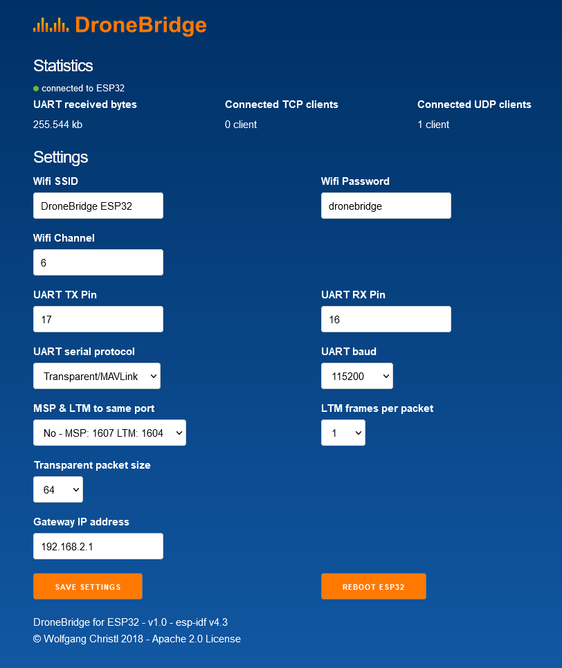 DroneBridge for ESP32 Webinterface