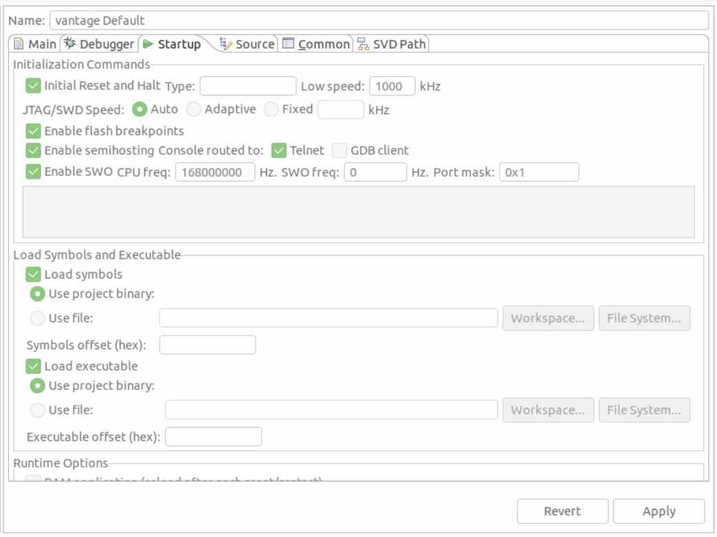 Eclipse: GDB Segger Debug config: startup tab