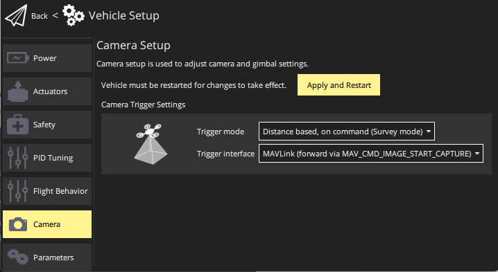 Camera Setup Screen - Trigger mode and interface for MAVLink