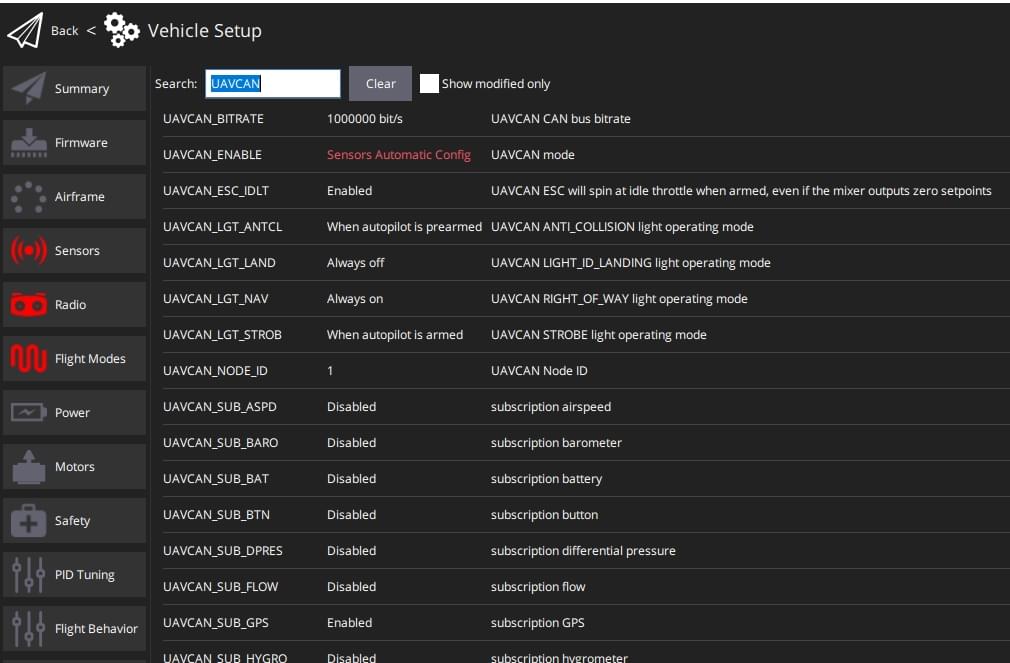 QGC Full Parameter screen showing DroneCan (UAVCAN) parameters