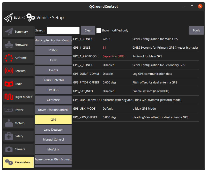 QGroundControl parameter settings